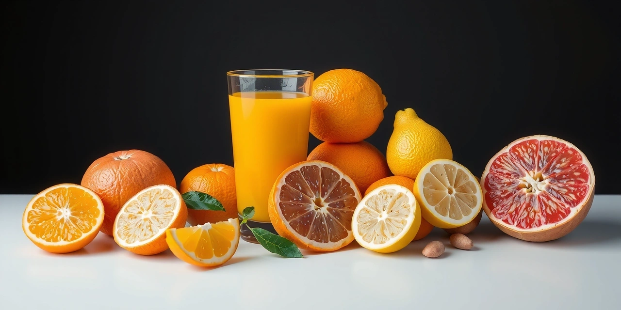 Citrus fruits and a glass of juice, symbolizing Vitamin C