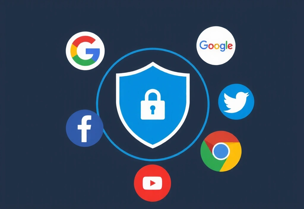 Diverse logo-uri de servicii web populare în jurul unui simbol central de confidențialitate