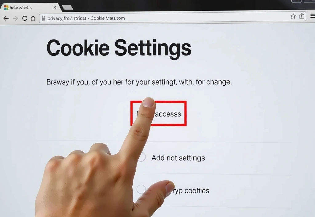 O mână apăsând un buton de setări pentru cookie-uri pe un ecran digital