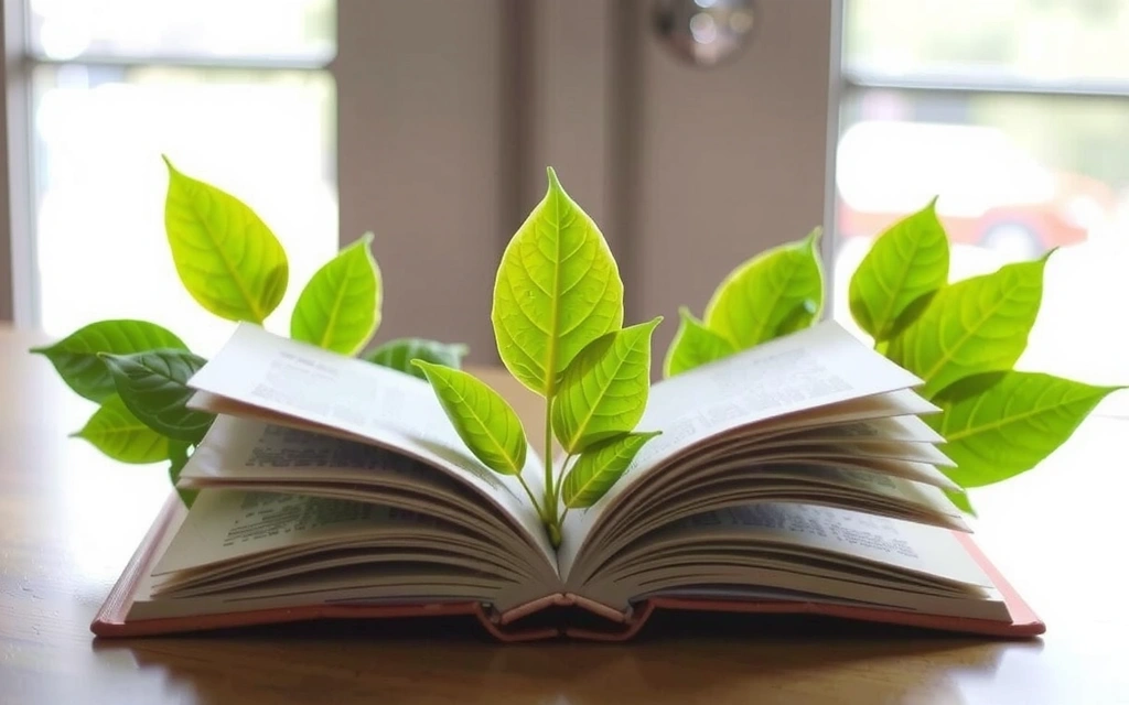 O imagine metaforică a unei cărți deschise cu pagini care se transformă în frunze verzi, simbolizând cunoașterea care duce la creștere naturală.