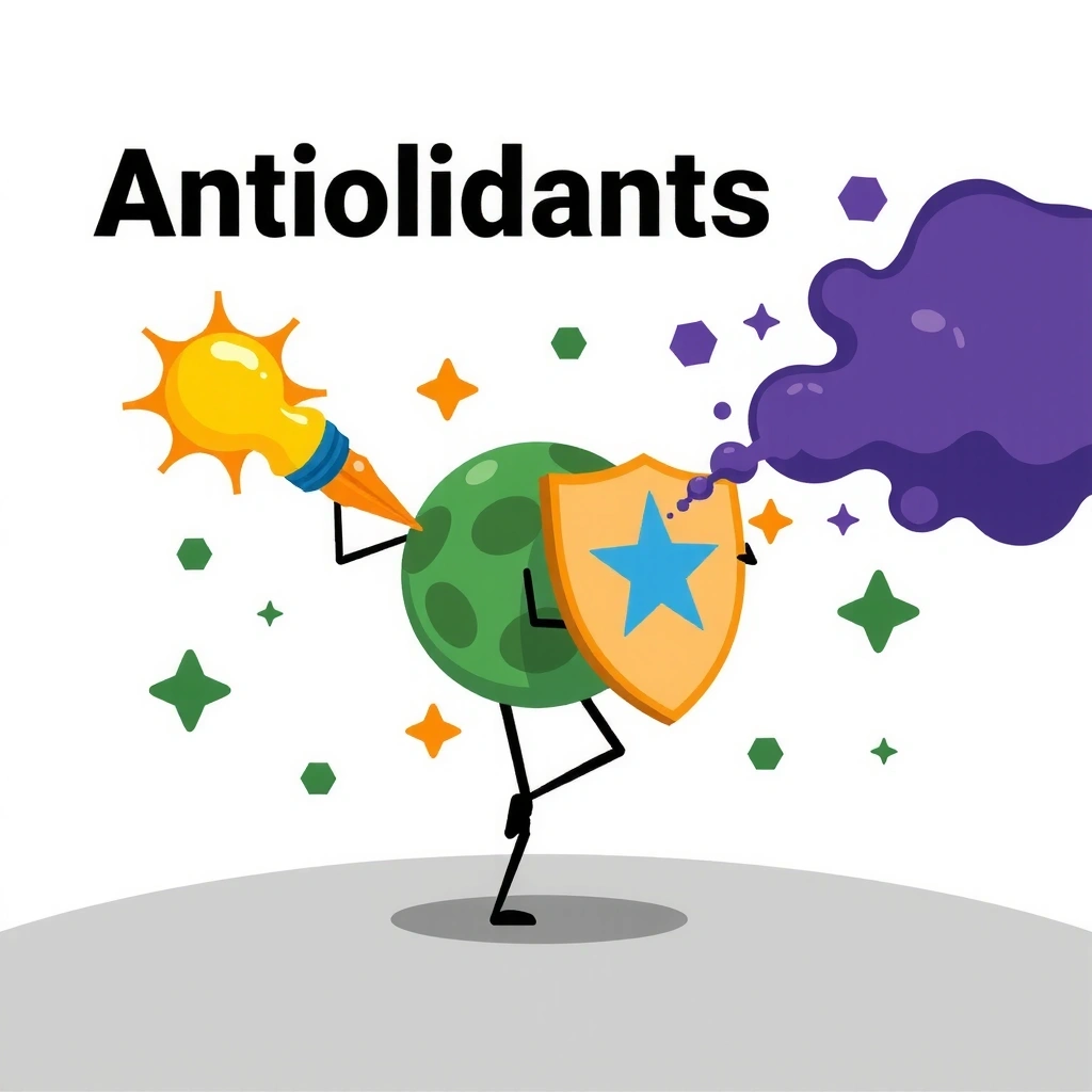 Ilustrație cu antioxidanți protejând celulele de stresul oxidativ