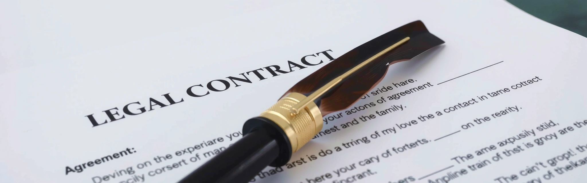 Imagine de fundal cu un contract deschis și o peniță stilizată, simbolizând termeni legali și acorduri