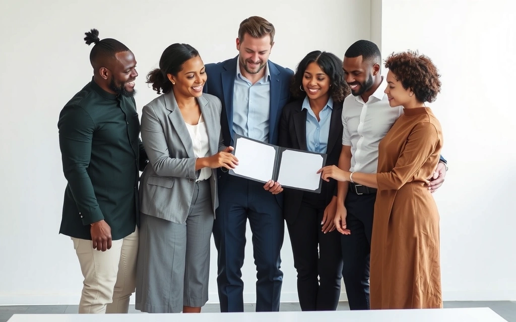 Imagine cu un grup de oameni care discută și semnează un document, reprezentând colaborarea și acordurile